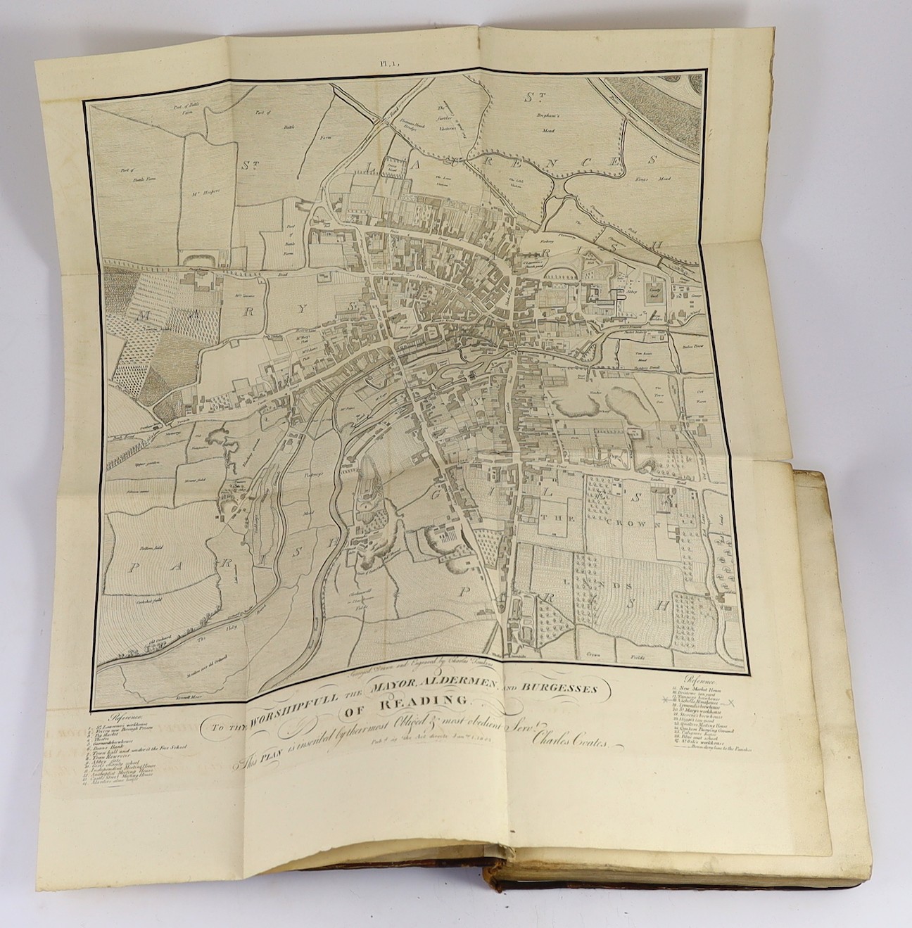 READING - Coates, Charles, Rev. - The History and Antiquities of Reading, 4to, half calf, with folding frontis map and 7 plates (1 of them folding), London, 1802